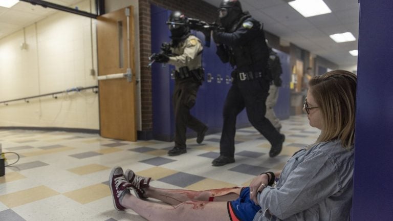 Authorities perform an active shooter drill at Park High School on April 27, 2018 in Livingston, Mont. Some experts question the methods of active shooter drills. (William Campbell/Corbis via Getty Images)