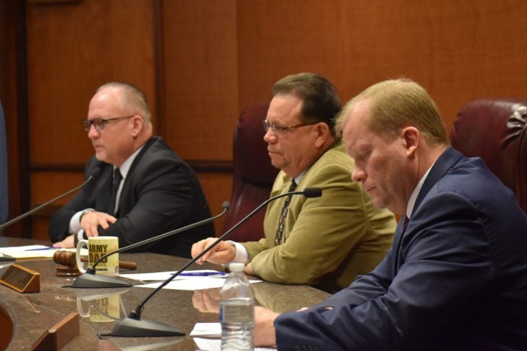 Dauphin County Commissioners George Hartwick, Jeff Haste and Mike Pries before voting 2-1 to negotiate a contract with Clear Ballot for new voting machines during a special session Monday in Harrisburg. Haste voted against it. (Emily Previti/PA Post) 