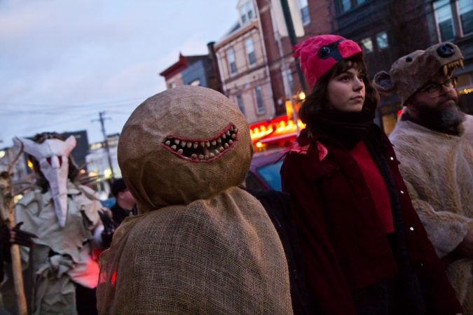 Spirits march through Northern Liberties at the 2019 Parade of Spirits. (Kimberly Paynter/WHYY)