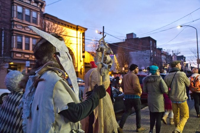 Spirits march through Northern Liberties at the 2019 Parade of Spirits. (Kimberly Paynter/WHYY)