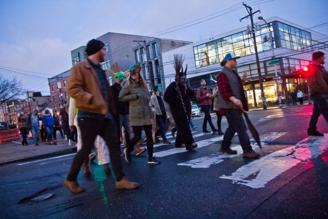 Spirits march through Northern Liberties at the 2019 Parade of Spirits. (Kimberly Paynter/WHYY)