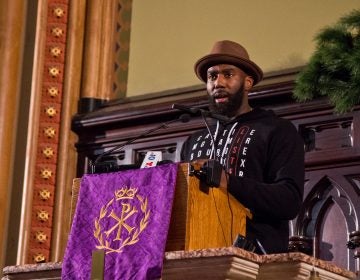 Malcolm Jenkins, safety on the Philadelphia Eagles, speaks at a police reform rally at the
Arch Street United Methodist Church. (Kimberly Paynter/WHYY)