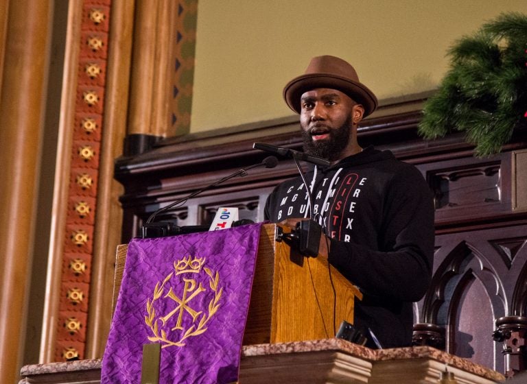 Malcolm Jenkins, safety on the Philadelphia Eagles, speaks at a police reform rally at the
Arch Street United Methodist Church. (Kimberly Paynter/WHYY)