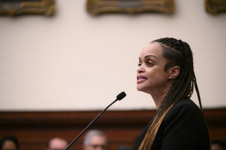 Danielle Outlaw is introduced by Mayor Jim Kenney as the new Commissioner of the Philadelphia Police Department, in December 2019. (Bastiaan Slabbers for WHYY)
