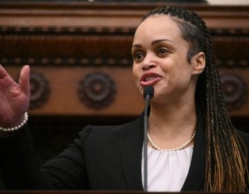Danielle Outlaw is introduced by Mayor Jim Kenney as the new Commissioner of the Philadelphia Police Department, on Monday. (Bastiaan Slabbers for WHYY)