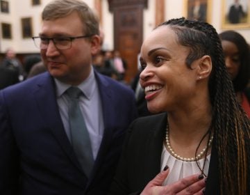 Danielle Outlaw is introduced by Mayor Jim Kenney as the new Commissioner of the Philadelphia Police Department. (Bastiaan Slabbers for WHYY)