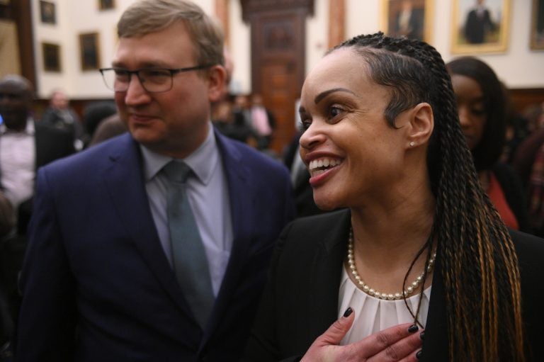 Danielle Outlaw is introduced by Mayor Jim Kenney as the new Commissioner of the Philadelphia Police Department. (Bastiaan Slabbers for WHYY)