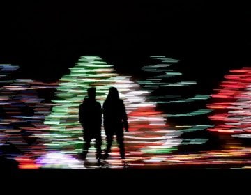 People silhouetted against a Christmas display, at a park in Lenexa, Kan. Most Americans say the holiday season makes them feel very grateful and generous — but many report feeling stressed, too according to a new poll from The Associated Press-NORC Center for Public Affairs Research. (Charlie Riedel/AP Photo)