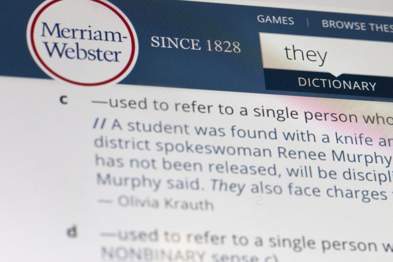 The word 'they' is displayed on a computer screen on Friday, Dec. 6, 2019, in New York. The language mavens at Merriam-Webster have declared the personal pronoun their word of the year based on a 313 percent increase in look-ups on the company's search site, Merriam-Webster.com, this year when compared with 2018. Merriam-Webster recently added a new definition to its online dictionary to reflect use of 