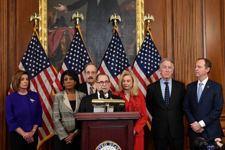 From left House Speaker Nancy Pelosi, Chairwoman of the House Financial Services Committee Maxine Waters, D-Calif., Chairman of the House Foreign Affairs Committee Eliot Engel, D-N.Y., House Judiciary Committee Chairman Jerrold Nadler, D-N.Y., Chairwoman of the House Committee on Oversight and Reform Carolyn Maloney, D-N.Y., House Ways and Means Chairman Richard Neal and Chairman of the House Permanent Select Committee on Intelligence Adam Schiff, D-Calif., unveil articles of impeachment against President Donald Trump, during a news conference on Capitol Hill in Washington, Tuesday, Dec. 10, 2019.(AP Photo/Susan Walsh)