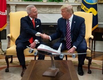 President Donald Trump meets with Rep. Jeff Van Drew, D-N.J., who is planning to switch his party affiliation, in the Oval Office of the White House, Thursday, Dec. 19, 2019, in Washington. (AP Photo/ Evan Vucci)