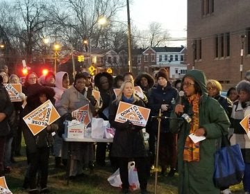 Education activist Jean Arnold speaks at a demonstration opposing a proposed charter takeover of all Chester K-8 schools on Tuesday, Dec. 3. (Photo by Joseph Staruski)