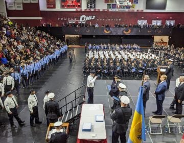 The Philadelphia Police Department tweeted this photo on Wednesday of a ceremony at Temple University where nearly 200 officers were promoted, three of whom have been accused of misconduct. (Courtesy of Philadelphia Police) 