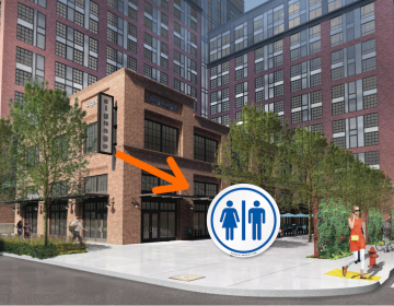 A rendering of a complex planned for North Broad, near the Rail Park. Neighbors want the developer to put a public bathroom in the project's public plaza. (Courtesy of Toll Brothers/Barton Partners Architects/PlanPhilly)