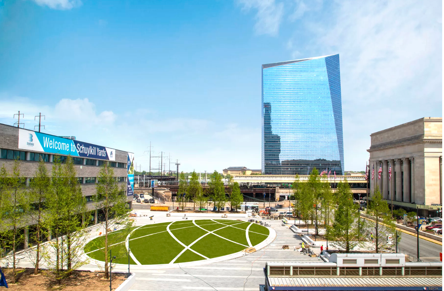 Drexel Square is a circular park bringing 1.3 acres of green space to a former parking lot across from 30th Street Station.