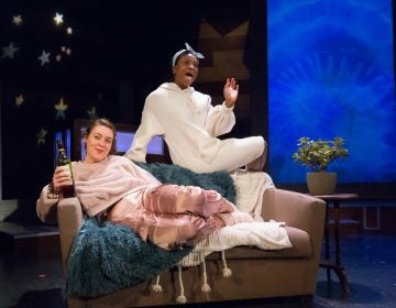 Tanaquil Márquez (left) and Brett Ashley Robinson in a skit about self-care at 'This Is the Week That Is.' (Courtesy of Mark Garvin) 