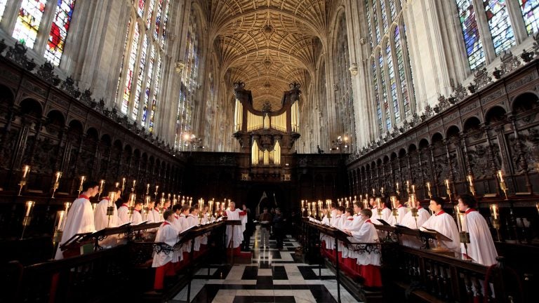 The Choir of King's College Cambridge conduct a rehearsal of their Christmas Eve service of A Festival of Nine Lessons and Carols in King's College Chapel on Dec. 11, 2010 in Cambridge, England. (Oli Scarff/Getty Images)