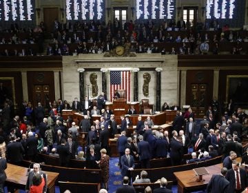 House members vote as House Speaker Nancy Pelosi of Calif., stands on the dais, during a vote on article II of impeachment against President Donald Trump, Wednesday, Dec. 18, 2019, on Capitol Hill in Washington. (Patrick Semansky/AP Photo)