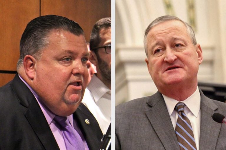 Philadelphia Fraternal Order of Police President John McNesby; Philadelphia Mayor Jim Kenney (Emma Lee/WHYY)