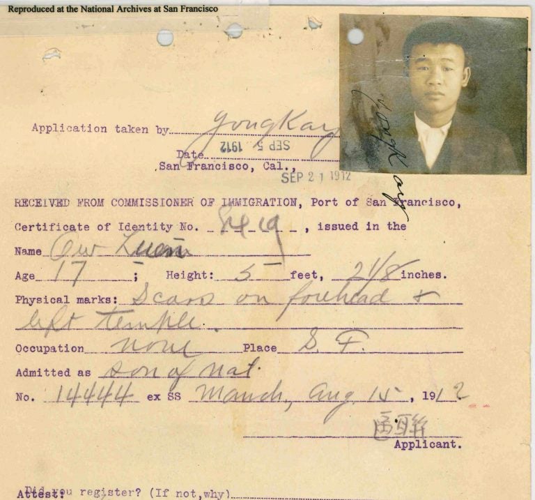 An image of Ow Luen from his file, originally held at the USCIS, now available at the National Archives. (Grant Din/National Archives)