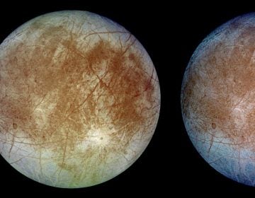 This image, taken on September 7, 1996 by NASA's Galileo orbiter, shows two views of the trailing hemisphere of Jupiter's ice-covered satellite, Europa. Europa is about 3,160 kilometers (1,950 miles) in diameter, or about the size of Earth's moon.