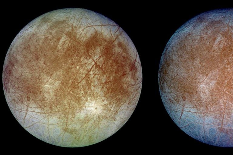 This image, taken on September 7, 1996 by NASA's Galileo orbiter, shows two views of the trailing hemisphere of Jupiter's ice-covered satellite, Europa. Europa is about 3,160 kilometers (1,950 miles) in diameter, or about the size of Earth's moon.