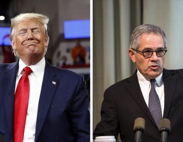 President Trump at a rally in Hershey on Dec. 11; DA Krasner in Philadelphia on Nov. 21 (Patrick Semansky and Matt Rourke/AP Photos)