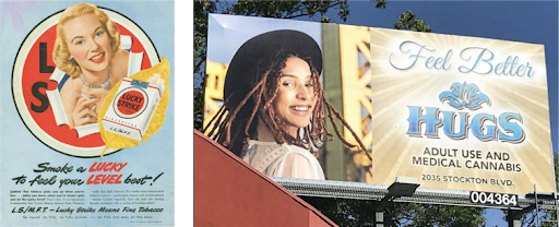 A side-by-side comparison shows advertisements for Lucky cigarettes and medical cannabis.