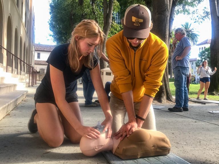 Students in Alice Henshaw's Wilderness Medical Associates CPR training course can practice on a Womanikin, designed to help trainees understand that compressions should be performed the same way on women's bodies as men's. (Courtesy of Alice Henshaw)