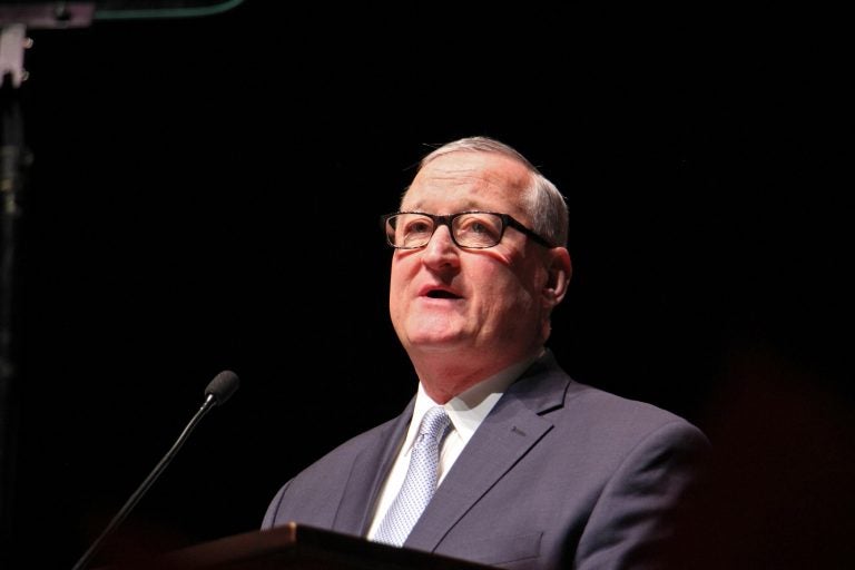 Philadelphia Mayor Jim Kenney addresses the crowd at The Met after he was sworn in to his second term as mayor. (Emma Lee/WHYY)