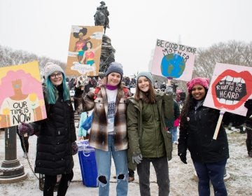 Downingtown East High School students Chloe Baumann, Hope Hessler, Megan Beale, and Gabbi Chacko traveled to Philadelphia to attend the Women's March. (Becca Haydu for WHYY)