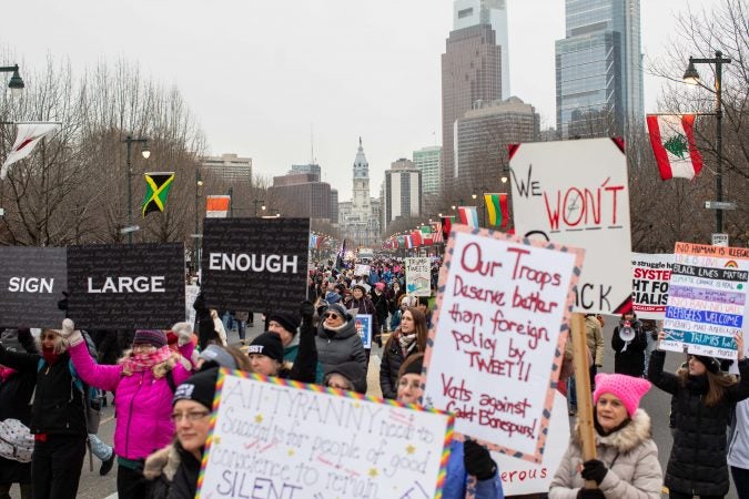 The 4th annual Women's March on Philadelphia kicked off at Logan Circle and marched to the Philadelphia Museum of Art on Saturday. (Becca Haydu for WHYY)