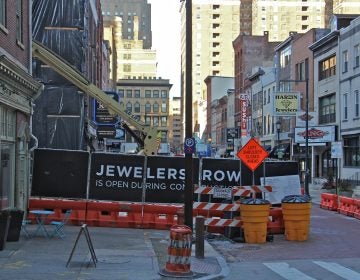 Jewelers Row in the 700 block of Sansom Street as a demolition crew makes way for a new condo tower on Jan. 22, 2020. (Emma Lee/WHYY)