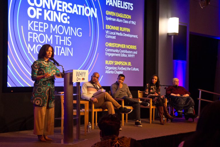 Kimya Johnson (left) Spelman alumna and chair of the diversity and inclusion legal practice group at Ogletree Deakins, moderates a discussion during 'Conversations of King: Keep Moving from This Mountain’ event at WHYY studios. (Kimberly Paynter/WHYY)
