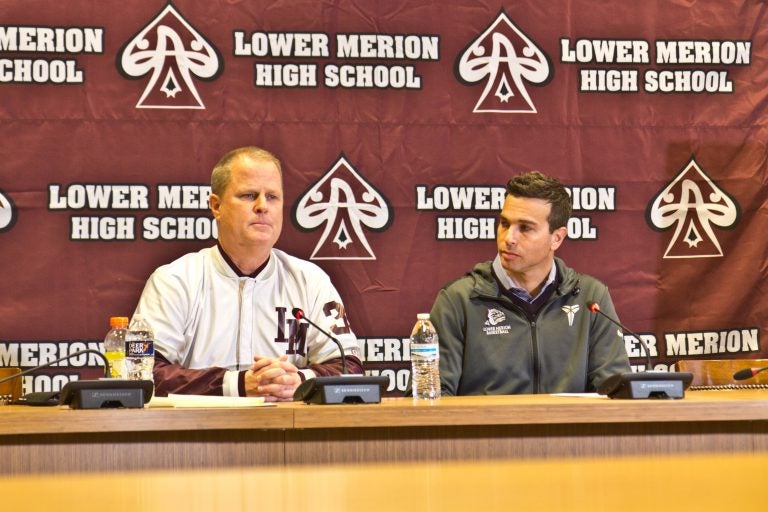 Kobe Bryant’s former coach Gregg Downer (left) and teammate Doug Young (right) held a press conference to talk about the late basketball superstar at his former high school in Lower Merion. (Kimberly Paynter/WHYY)