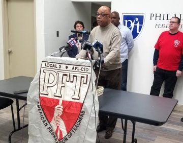 Jerry Jordan, president of the Philadelphia Federation of Teachers, announces the union is taking legal action over hazardous conditions in the city’s schools on Jan. 20, 2019. (Nicholas Pugliese/WHYY)