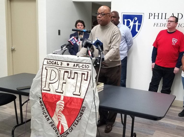 Jerry Jordan, president of the Philadelphia Federation of Teachers, announces the union is taking legal action over hazardous conditions in the city’s schools on Jan. 20, 2019. (Nicholas Pugliese/WHYY)