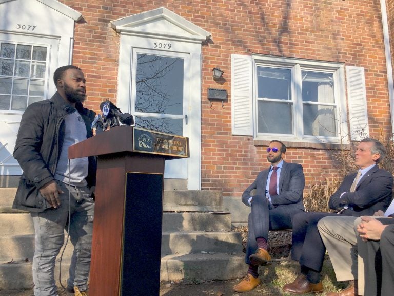 Jarell Hawkins talks about the success he’s found as a former inmate learning how to renovate homes with 2 Fish Home Renovations. The company was one of six to get part of $1 million in state funding to do more housing work. (Mark Eichmann/WHYY)