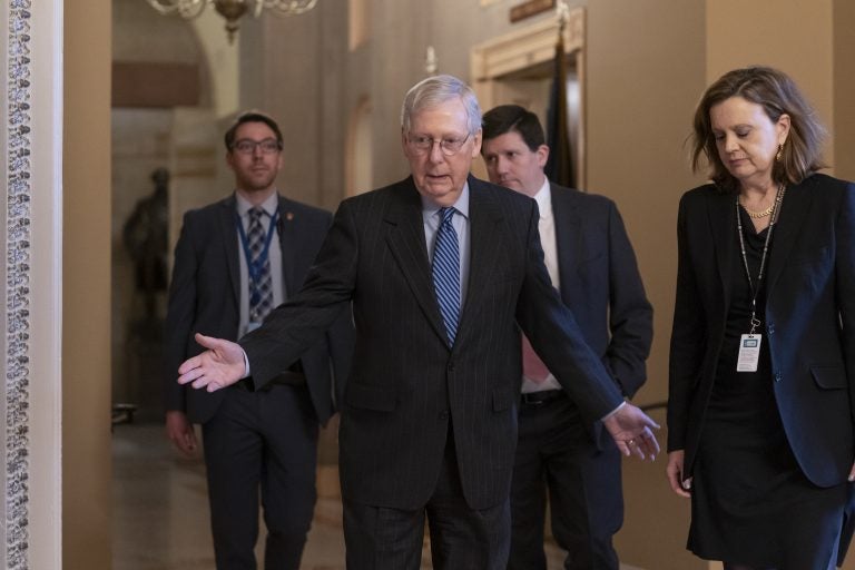 Senate Majority Leader Mitch McConnell, R-Ky., arrives for a closed meeting with fellow Republicans as he strategizes about the looming impeachment trial of President Donald Trump, at the Capitol in Washington, Tuesday, Jan. 7, 2020. (J. Scott Applewhite/AP Photo)