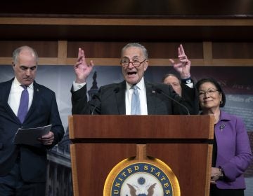 Senate Minority Leader Chuck Schumer, D-N.Y., joined from left by Sen. Bob Casey, D-Pa., Sen. Tom Udall, D-N.M., and Sen. Mazie Hirono, D-Hawaii, speaks to reporters about progress in the impeachment trial of President Donald Trump on charges of abuse of power and obstruction of Congress, at the Capitol in Washington, Thursday, Jan. 23, 2020. (AP Photo/J. Scott Applewhite)