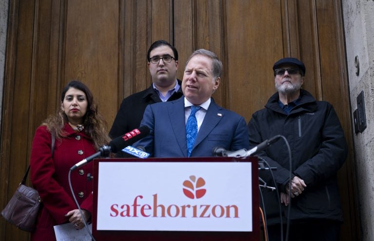 U.S. Attorney Geoffrey Berman, standing with victims of childhood sexual abuse, speaks at an event held by Safe Horizon, a non-profit victim services agency, in front of Jeffrey Epstein's Manhattan residence as they raise awareness for New York State's Child Services Act,  Monday, Jan. 27, 2020, in New York. (Craig Ruttle/AP Photo)