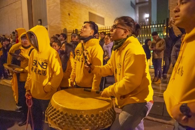 Philadelphia Suns percussionists beat out the rhythm for the lion dancers. (Jonathan Wilson for WHYY)