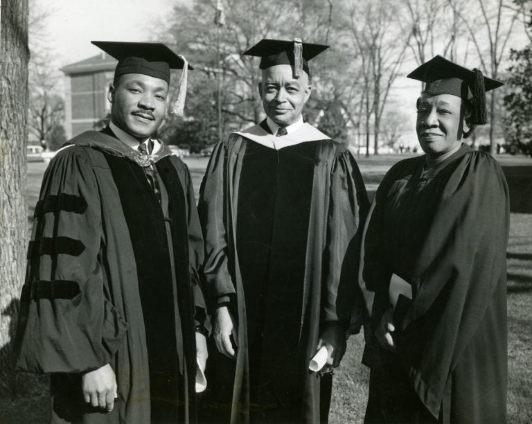 Dr. Martin Luther King Jr., (left) poses with Spelman President Albert Manley and Spelman Alumna and mother of Dr. King, Alberta Williams King, on Founders Day at Spelman College, April 10, 1960. (Courtesy of the Spelman College Archives)