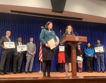 Democratic Representatives Liz Hanbidge and Elizabeth Fiedler, of Montgomery County and Philadelphia, respectively, speak in support of their joint bill. (Katie Meyer/WITF)