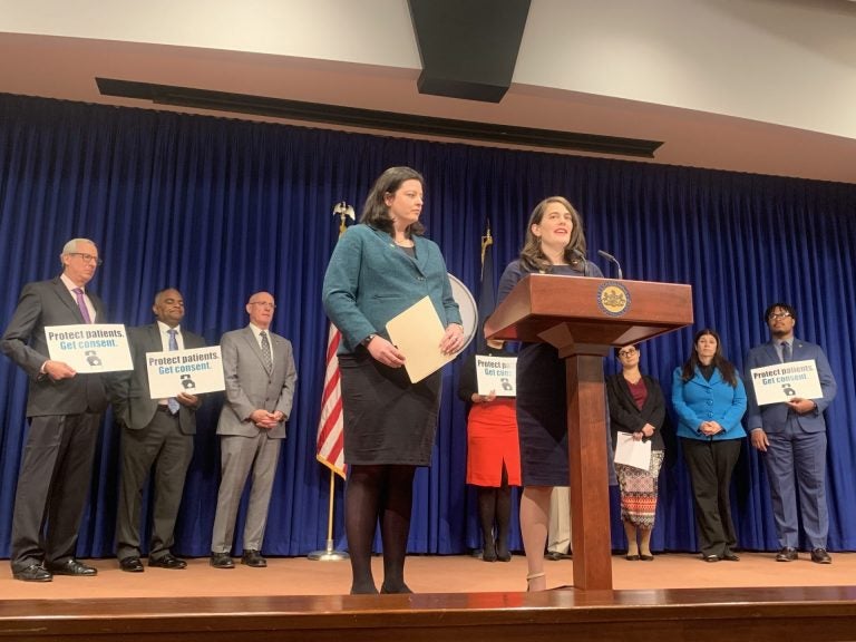 Democratic Representatives Liz Hanbidge and Elizabeth Fiedler, of Montgomery County and Philadelphia, respectively, speak in support of their joint bill. (Katie Meyer/WITF)