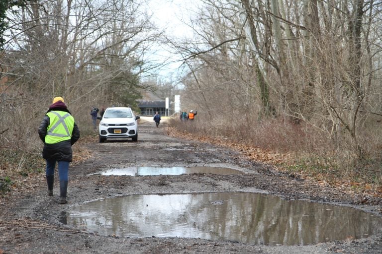 A group of 12 volunteers search for trails in a wooded area a quarter of a mile from Bridgeton City Park where 5-year-old Dulce Maria Alavez was last seen on Sept. 16, 2019. (Ximena Conde/WHYY)