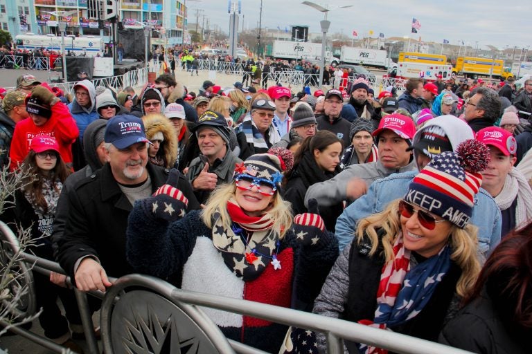 Helena Mantovani (center) of Chester County makes it to her fourth Trump rally at the Wildwoods Convention Center. (Emma Lee/WHYY)