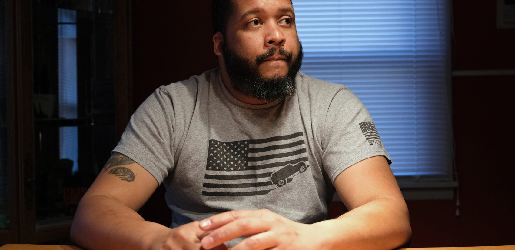 Ronald Stanley 'Stosh' Webb, Jr., at his home in Deer Lake, Pennsylvania. Webb was subjected to racial slurs while at Port Clinton Fire Company. (Matt Smith for Keystone Crossroads)