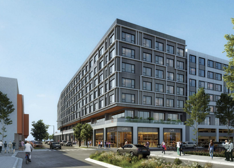 A rendering shows the view of a planned residential and retail complex at 1401 S. Columbus Blvd. from Washington Avenue. (Courtesy of BLT Architects)