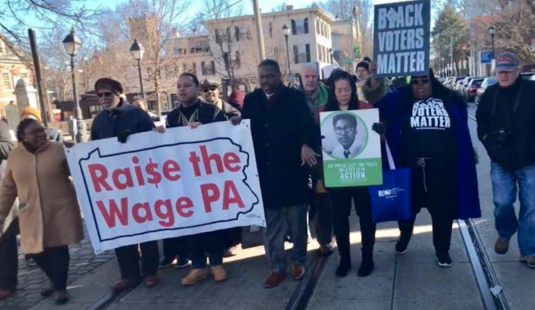 Germantown-area residents and political leaders marched on Monday for fair pay at a McDonald’s franchise owned by Derek Giacomantonio at 29 E. Chelten Ave. (Chantale Belefanti/The Philadelphia Tribune)